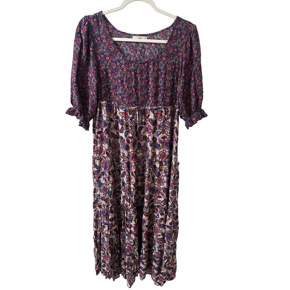 Natural Life Rebecca Midi Dress Red Navy Bouquets Floral Boho Puff Sleeve EUC XS - Picture 2 of 7